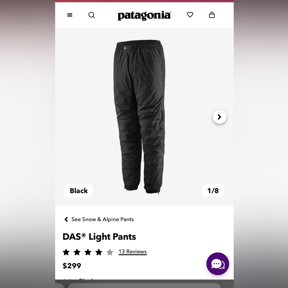 Men’s puffy insulated Patagonia pants with side zip on both sides size large.
